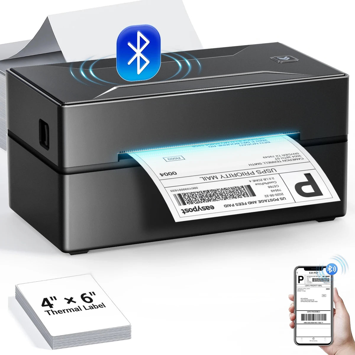 Bluetooth-HD-Drucker D100, Schwarz, tragbarer Thermo-Etikettendrucker für kleine Versandetiketten, kompatibel mit iPhone, Android, Mac, Windows