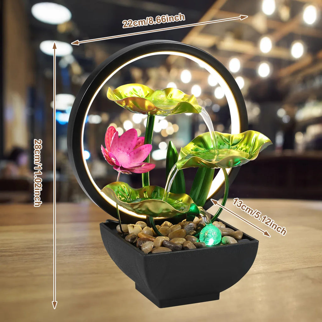 Tisch-Wasserbrunnen, USB-betriebener Entspannungs-Desktop-Wasserfallbrunnen mit natürlichen Felsen und LED-Ringlichtern für die Inneneinrichtung