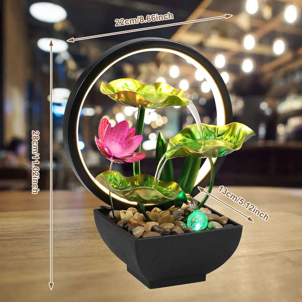 Tisch-Wasserbrunnen, USB-betriebener Entspannungs-Desktop-Wasserfallbrunnen mit natürlichen Felsen und LED-Ringlichtern für die Inneneinrichtung