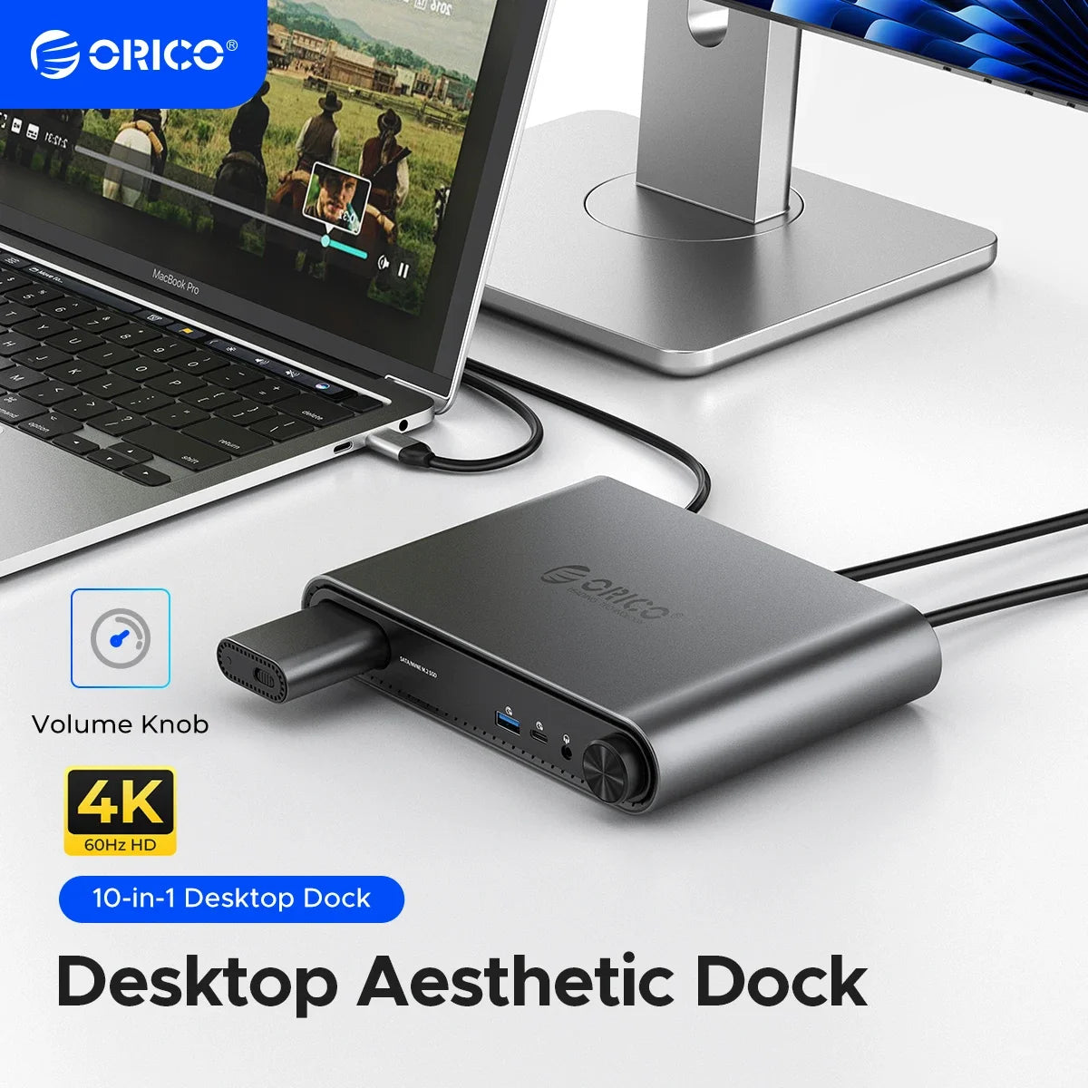 ORICO 10-in-1-USB-C-Dockingstation mit M.2-SSD-Gehäuse PD100W-Lade-Ethernet 4K60 Hz HDMI-Com 3,5-mm-Audiovolumeregler