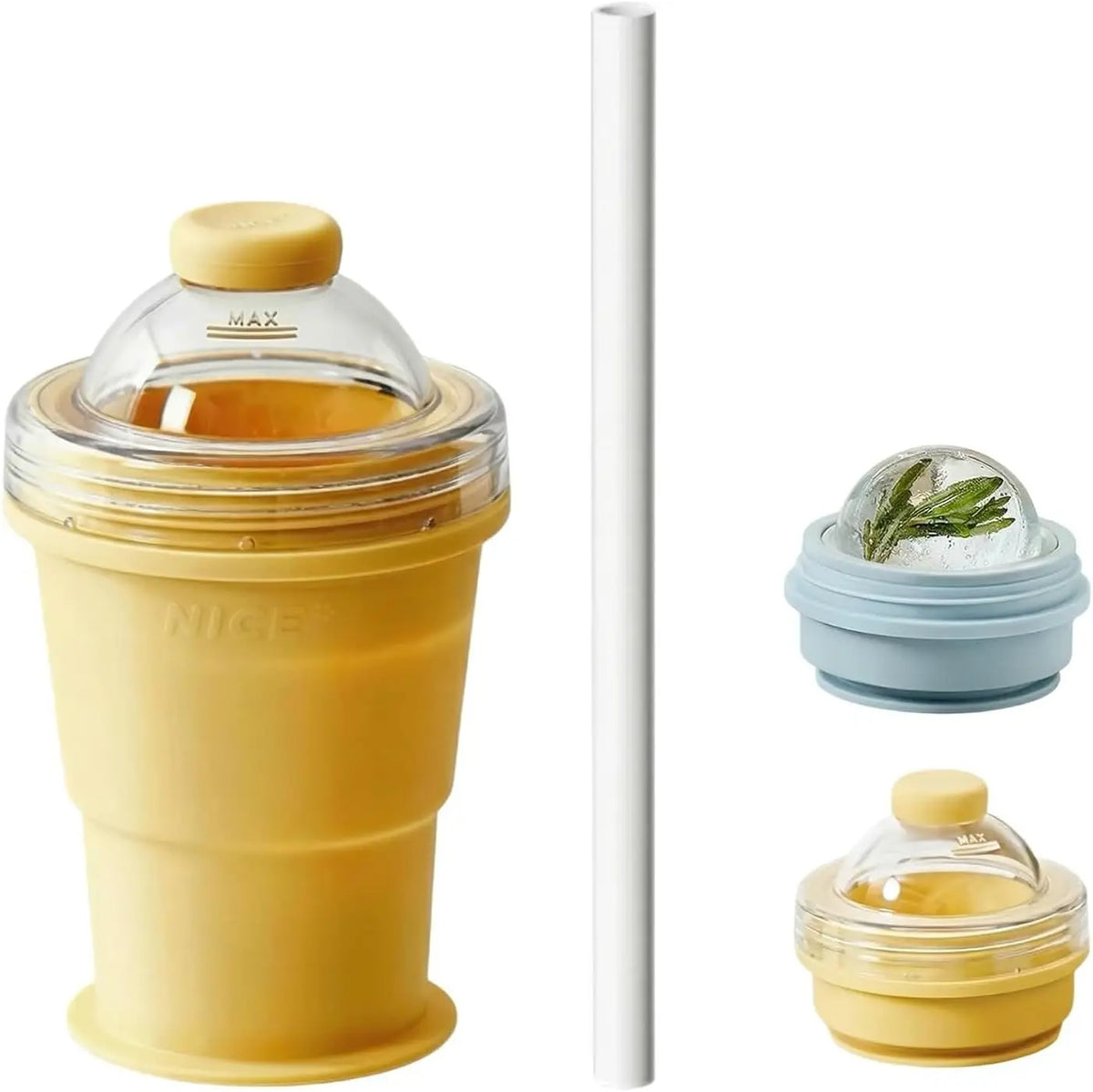 2-in-1 Faltbarer Silikon-Eiskugelbecher mit Strohhalm - Auslaufsicher, Lebensmittelecht, FCM | Kaffee, Saft & Smoothies | 1 & 5 Stueck