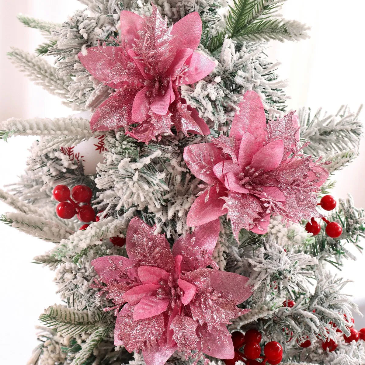 5/10 Stück rosa Weihnachtsglitter künstliche Blumen Weihnachtsbaumschmuck für Zuhause 2025, Weihnachtsschmuck, Neujahrsdekoration, Navidad