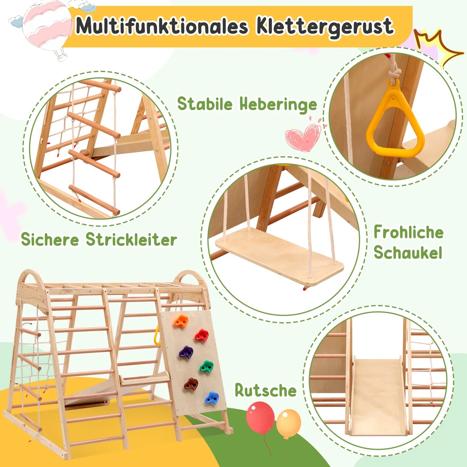 7-in-1 Multifunktionales Klettergerüst aus Holz mit Rutsche und Schaukel, Kletterleiter/Netz/Steinen, Indoor-Spielplatzspielzeug für Kinder ab 3 Jahren