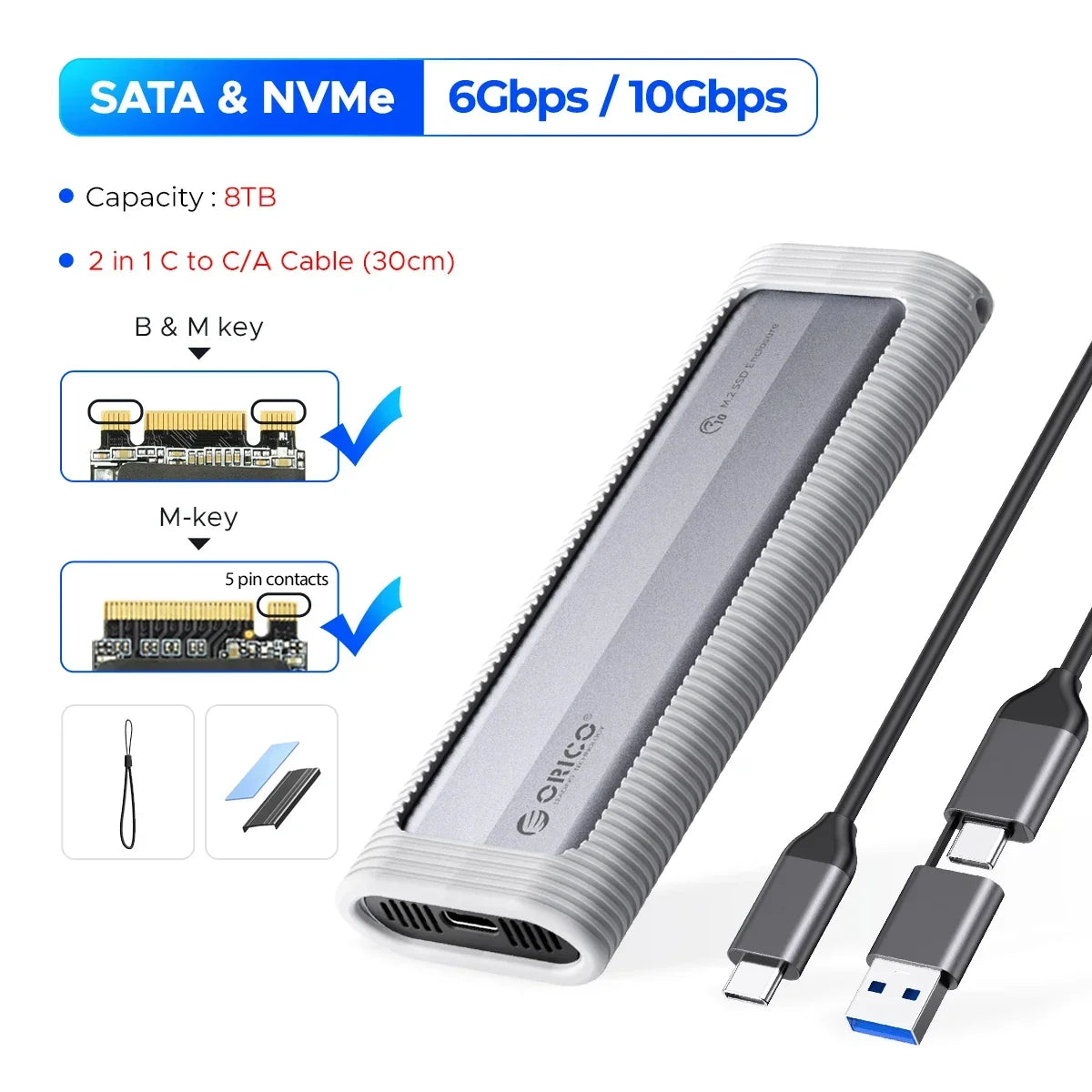 ORICO M.2 NVMe SATA SSD-Gehäuse, werkzeugloses USB, extern, 10 Gbit/s, M.2 NVMe-zu-USB-Adapter, unterstützt UASP für PCIe NVMe und SATA SSD
