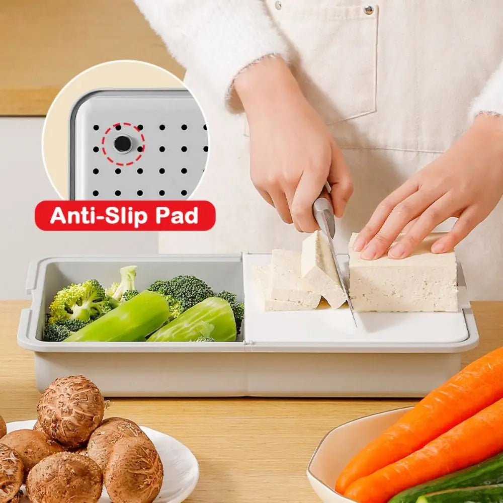 6-in-1 Manueller Gemüseschneider mit Auffangbehälter – PP + Edelstahl, 34,9×21,9cm, Rutschfest | Grau