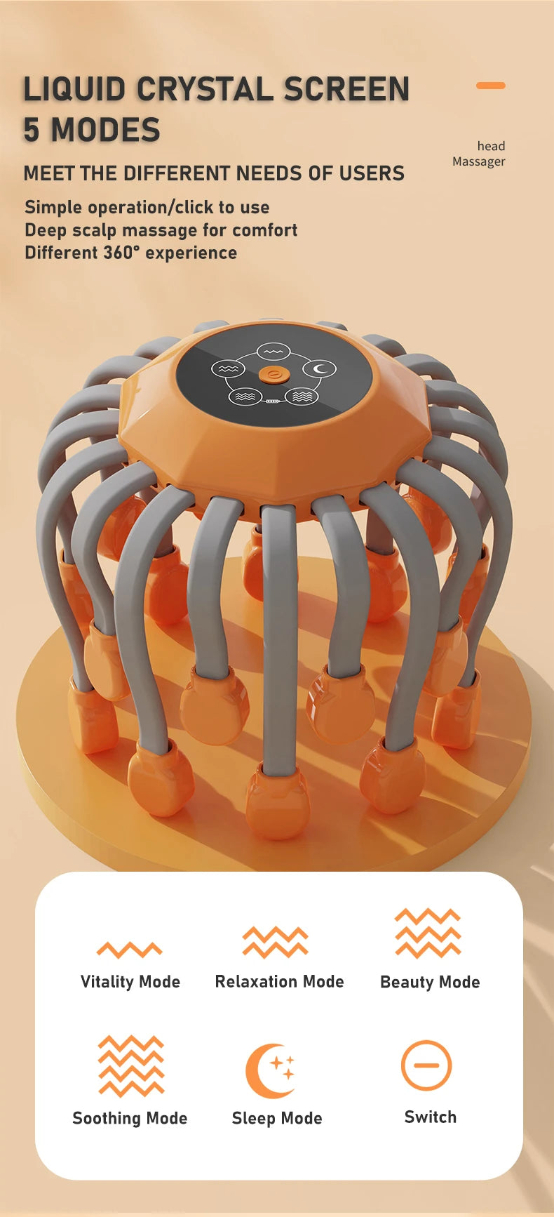 20 Massageköpfe Orange Kopfhaut Kopfmassagegerät Rotlicht Vibrator Octopus Scratcher zur Entspannung Stress Migräne