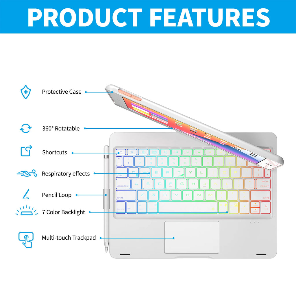 360 Grad drehbare BT-Tastatur für wiederaufladbare kabellose Tastatur und Maus mit 7-Farben-Hintergrundbeleuchtung für iPad 10,2/10,5 Zoll