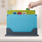 LMETJMA 4-teiliges, farbcodiertes Kunststoff-Schneidebrett-Set mit Aufbewahrungsständer, dickeres Schneidebrett-Set, rutschfestes Design, JT114