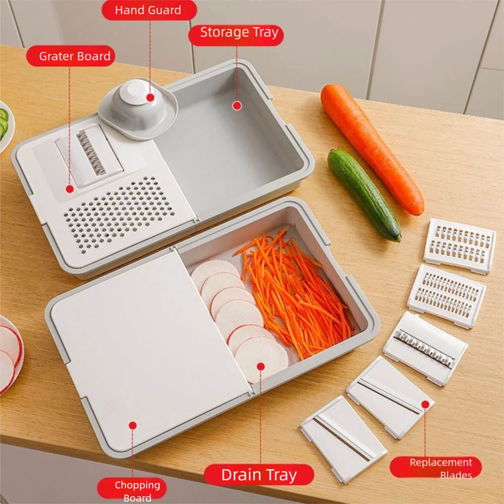 Vielseitiger manueller Gemüseschneider, Schäler, Werkzeug mit Ablagefach, Küchenhelfer, effizienter tragbarer Karottenzerkleinerer