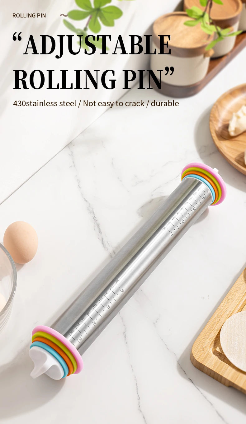 13,78 Zoll verstellbarer Nudelholz aus Edelstahl mit 4 abnehmbaren Ringen, Teigroller für Pizza-Keks-Backwerkzeuge