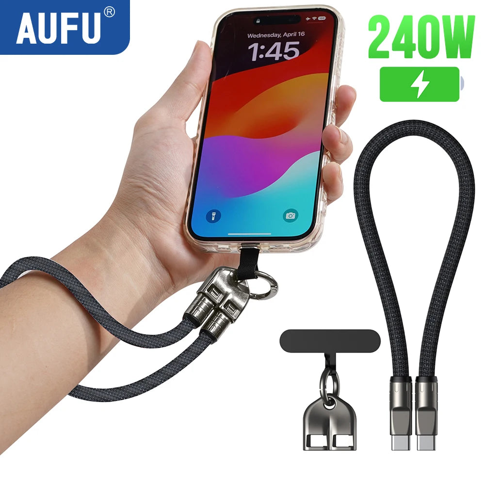 AUFU 2-in-1 USB-C Schnellladekabel mit Umhängeband – 240W, 5A, PD | 4 Farben, 0,3m & 1,2m