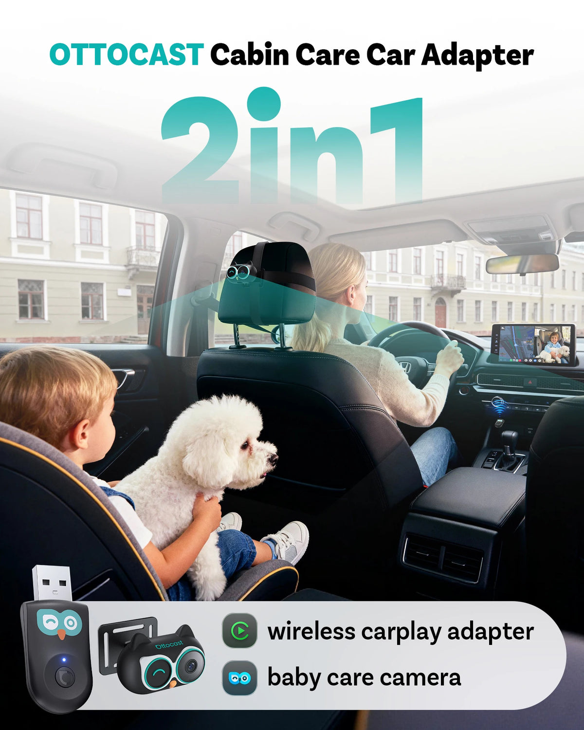 OTTOCAST Cabin Care – Kabelloser CarPlay-Adapter mit 1080P Babykamera & Nachtsicht