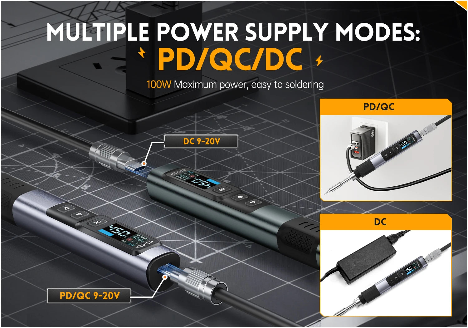 FNIRSI HS-02 Tragbares Wärme-Werkzeugkastenset, 100 W Leistung, einstellbare Temperatur, schnelle Erwärmung, Reparaturausrüstung, 100–450 ℃   für DIY-Reparatur