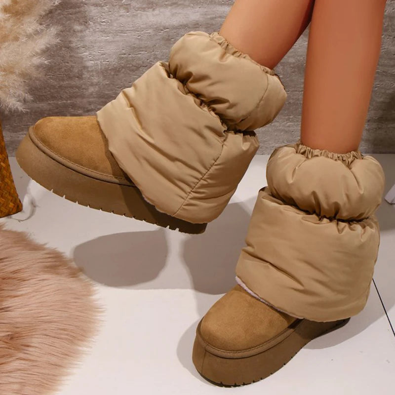 Weiche lange Plüsch-warme Schneestiefel für Damen, Winter 2022, dicke Sohle, kältebeständig, Daunensockenstiefel, rutschfeste, lässige Baumwollschuhe für Damen