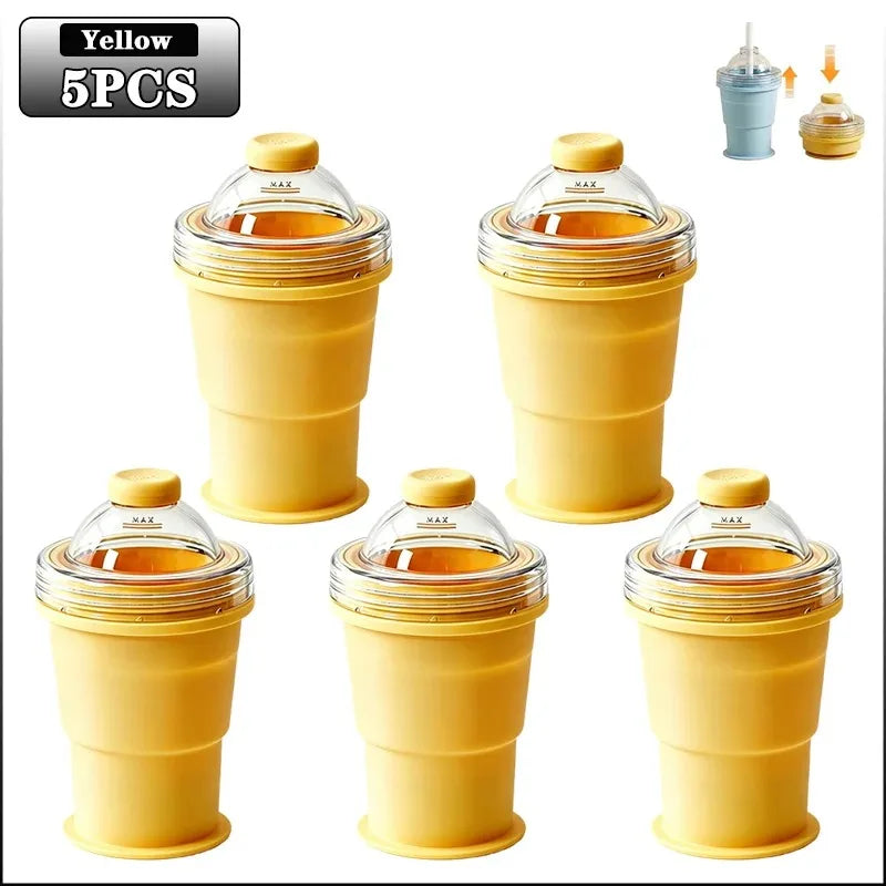 2-in-1 Faltbarer Silikon-Eiskugelbecher mit Strohhalm - Auslaufsicher, Lebensmittelecht, FCM | Kaffee, Saft & Smoothies | 1 & 5 Stueck