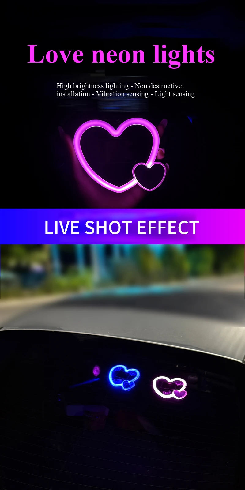 Neues solarbetriebenes Auto mit dreieckigen Fenstern, herzförmigen Neonlichtern, beleuchteten Heckscheiben, Innendekoration, Atmosphäre