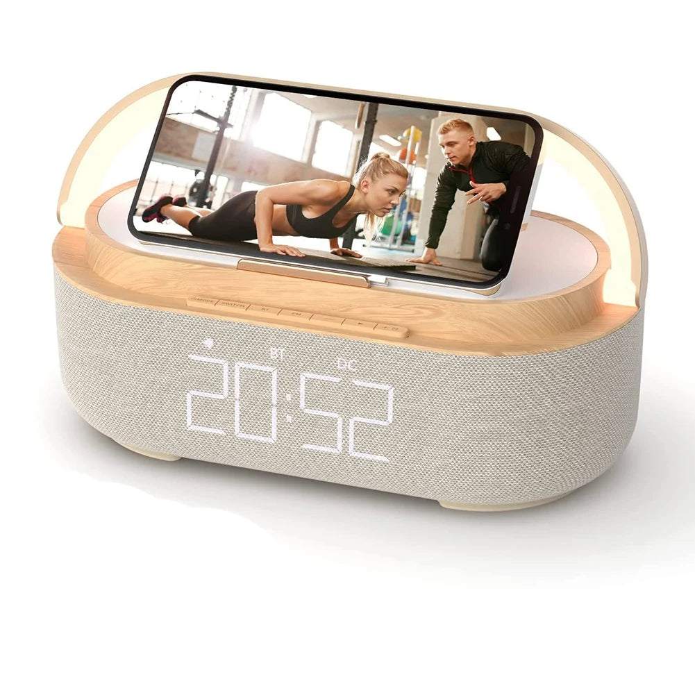 Digitales Weckerradio mit Bluetooth-Lautsprecher, 15 W kabelloses Ladegerät, zwei kabellosen Lautsprecher, einstellbarer lauter Alarmton