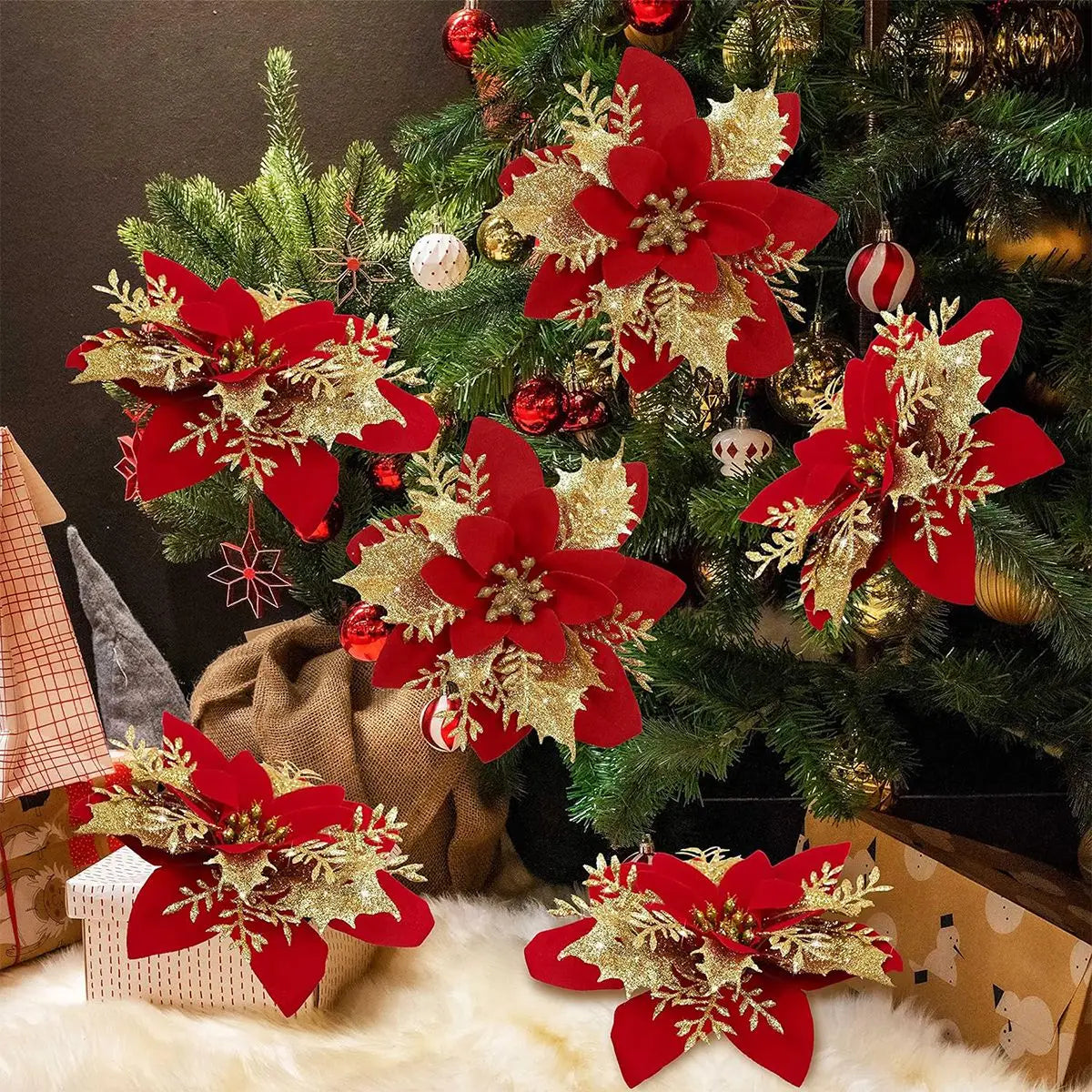 Weihnachts-Glitzerblumen, künstliche Blumen, Weihnachtsbaumschmuck für Zuhause, 2025, Baum-Anhänger, Ornamente, Navidad, Neujahr 2026, Geschenk