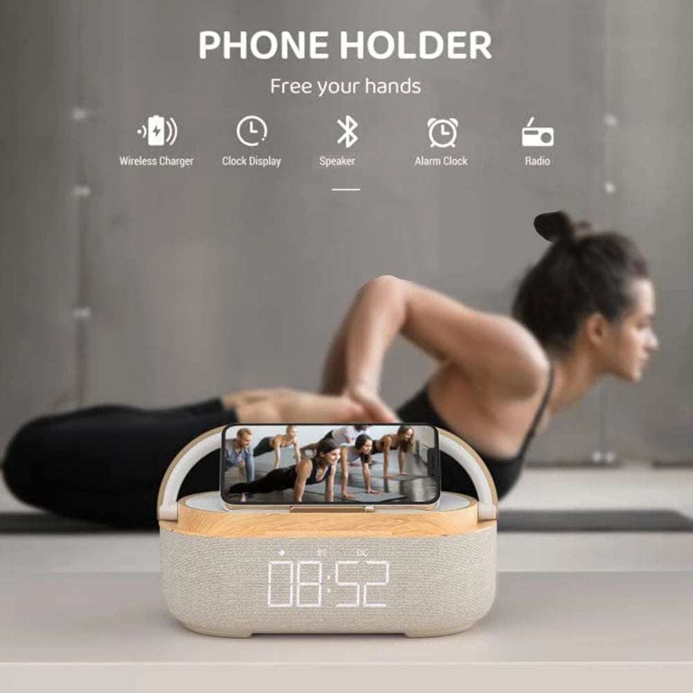 Digitales Weckerradio mit Bluetooth-Lautsprecher, 15 W kabelloses Ladegerät, zwei kabellosen Lautsprecher, einstellbarer lauter Alarmton