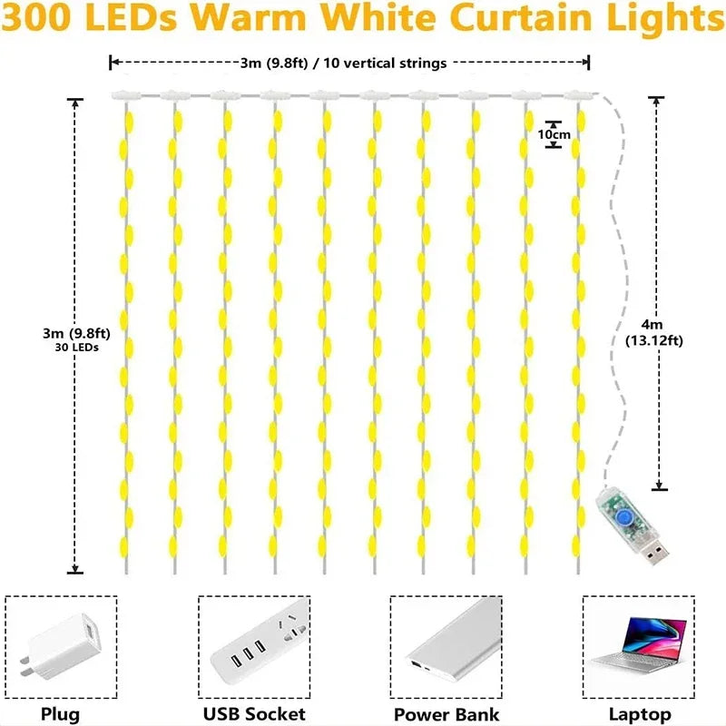 3m LED Vorhang Lichterketten Fee Dekoration USB Urlaub Girlande Lampe 8 Modus für Hausgarten Weihnachts feier Neujahr Hochzeit
