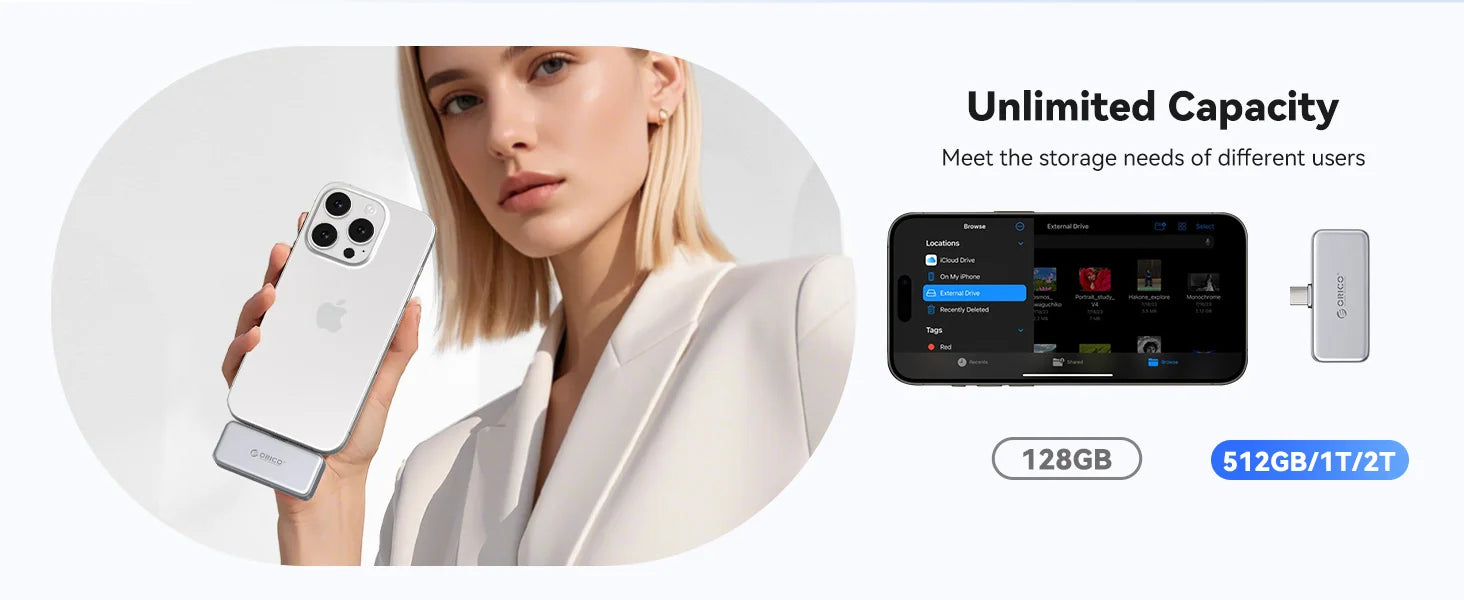 ORICO FlashPod 1 TB MINI magnetische tragbare SSD bis zu 2000 MB/s ProRes mit Direktstecker für iPhone 15 16 Serie, Tablets, Laptop