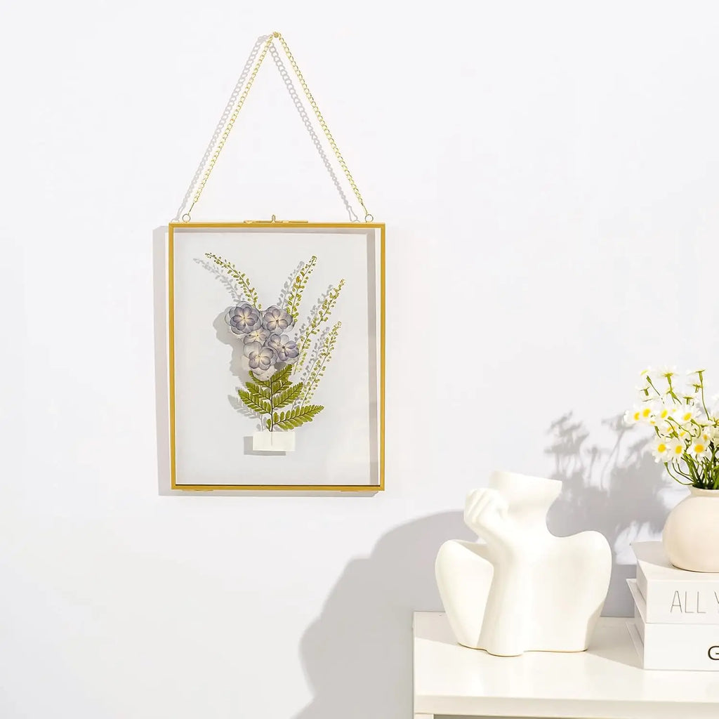 Doppelter Glas-Bilderrahmen, handgefertigt, gepresster Blumenrahmen, Wandbehang, Bilderrahmen für getrocknete Blumen, Heimwand mit Kette – nur Rahmen