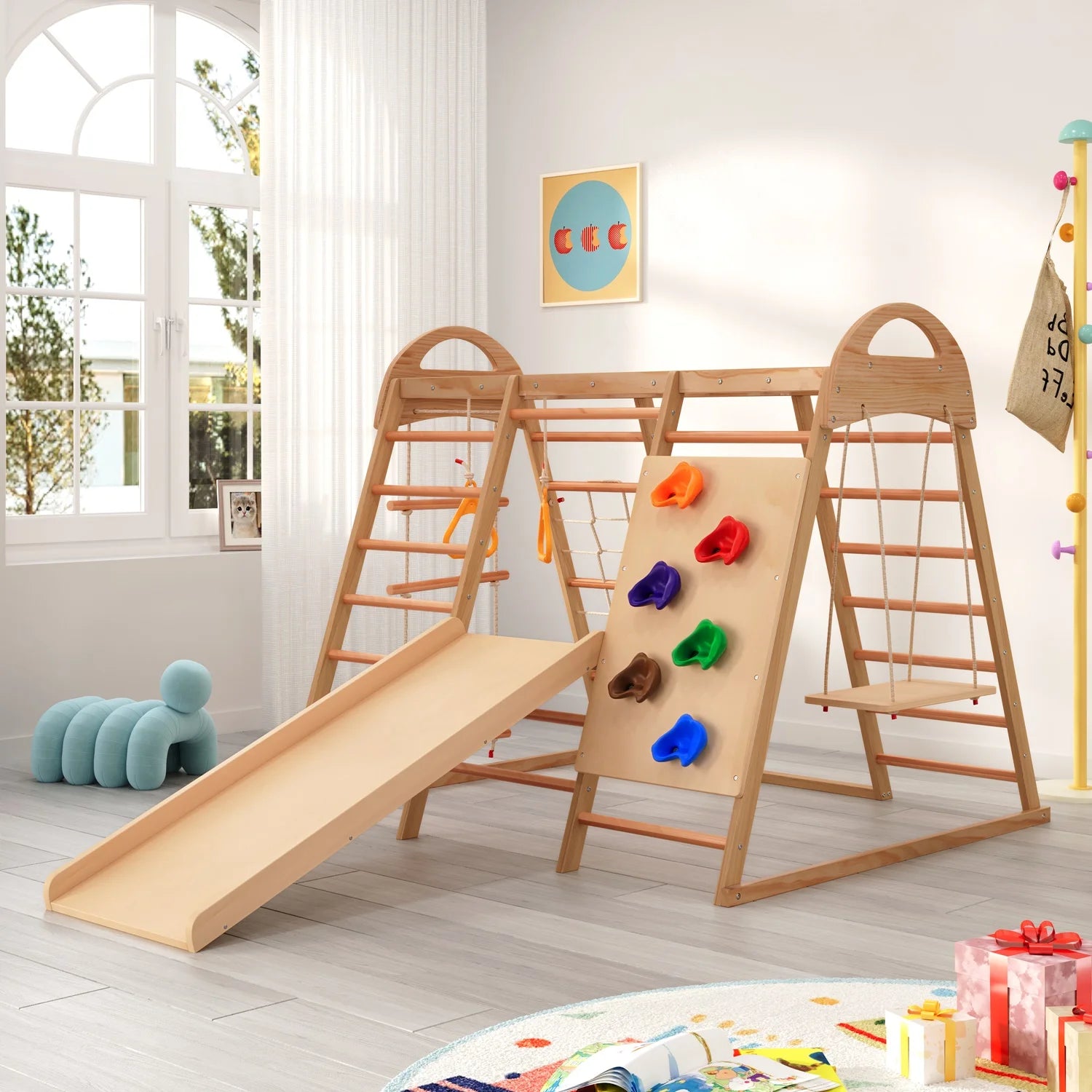 7-in-1 Multifunktionales Klettergerüst aus Holz mit Rutsche und Schaukel, Kletterleiter/Netz/Steinen, Indoor-Spielplatzspielzeug für Kinder ab 3 Jahren