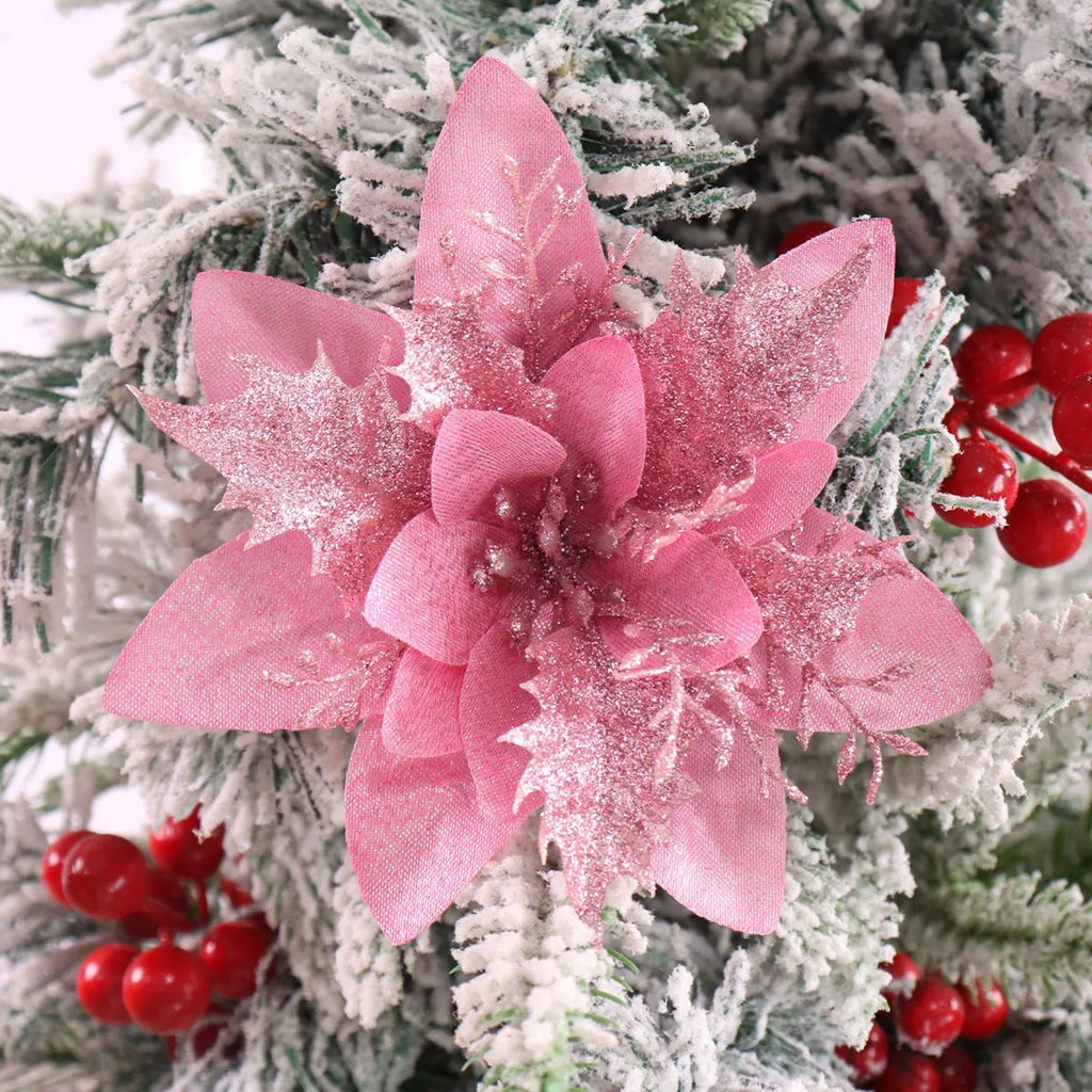 5/10 Stück rosa Weihnachtsglitter künstliche Blumen Weihnachtsbaumschmuck für Zuhause 2025, Weihnachtsschmuck, Neujahrsdekoration, Navidad