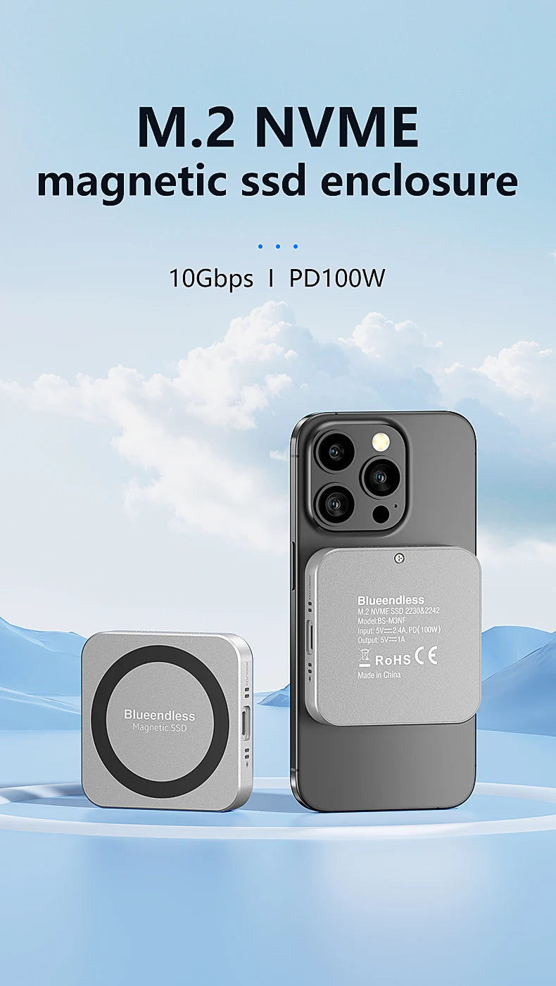 Blueendless Magnetisches M2 2230 2242 NVMe SSD-Gehäuse mit Lüfter 100 W PD-Aufladung Typ C NVMe PCIE SSD-Gehäuse für iPhone Mac