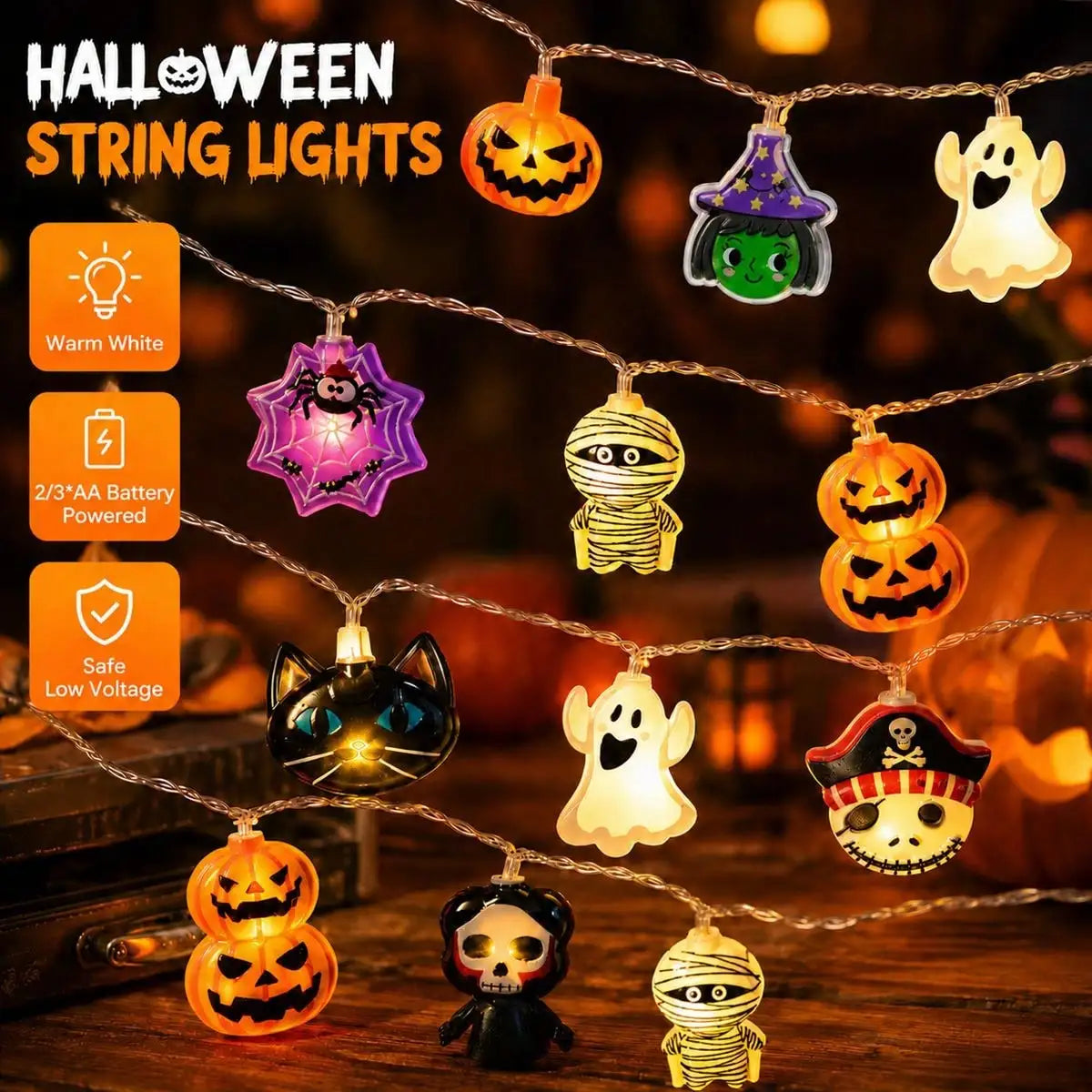 Halloween LED-Lichterkette – Geister, Kürbisse & Skelette | 1,5m / 3m / 4,5m