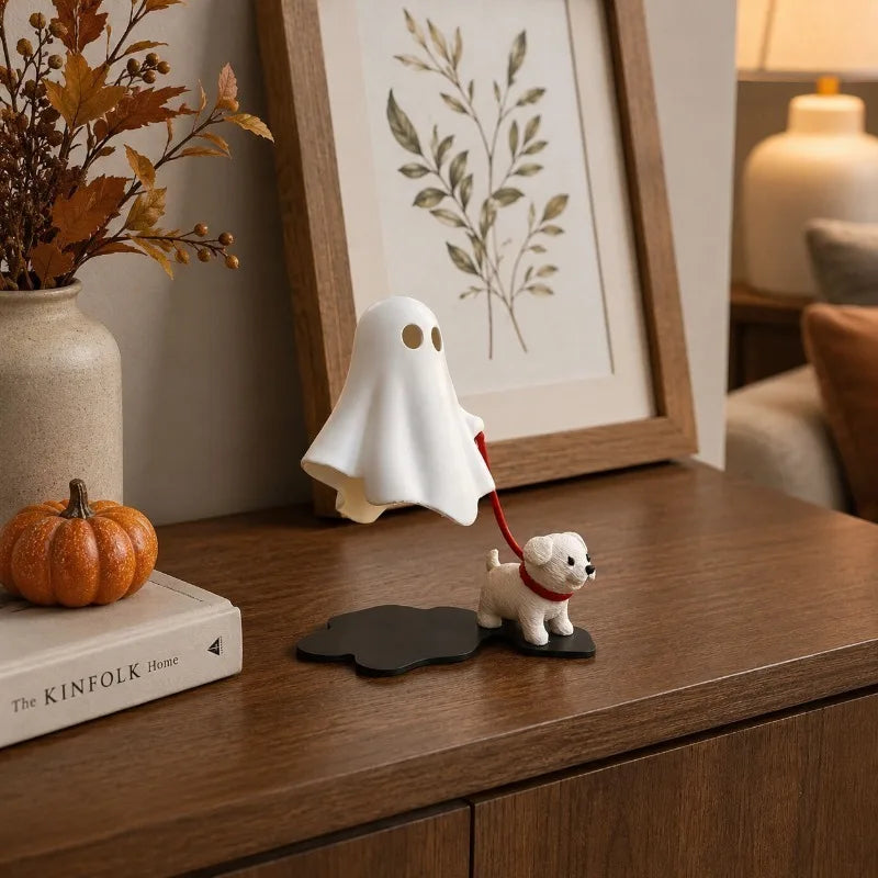 Halloween Geist-Hund-Figur – Süße Tischdeko, Geist mit Welpen | Schreibtisch & Regal