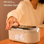 Digitales Weckerradio mit Bluetooth-Lautsprecher, 15 W kabelloses Ladegerät, zwei kabellosen Lautsprecher, einstellbarer lauter Alarmton
