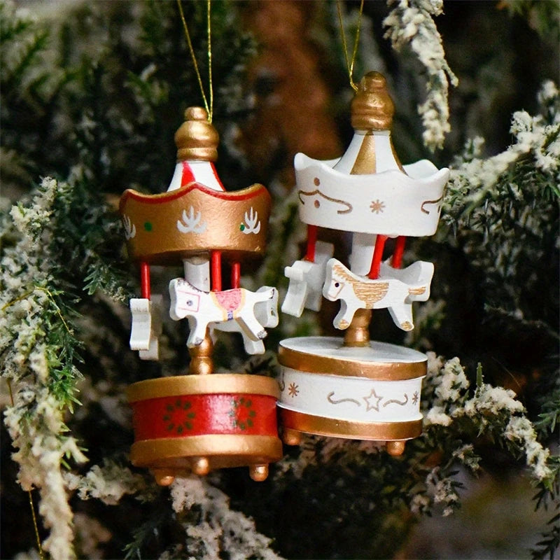 6Pcs Holz Karussell Pferd Hängen Ornamente Für Weihnachten Baum Dekor Frohe Gehen Runde Anhänger Home Party Festival Dekoration