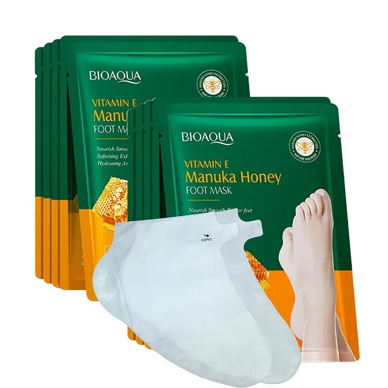 Manuka-Honig & Vitamin E Fußmaske – Tiefenpflege, Peeling & Reparatur für trockene, rissige Fersen, 1–10 Paar