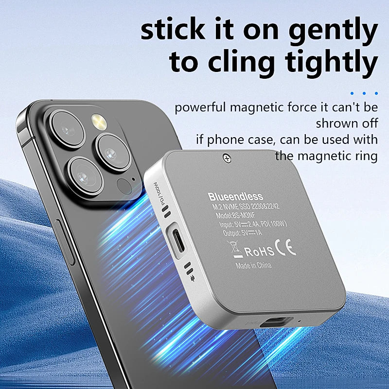 Blueendless Magnetisches M2 2230 2242 NVMe SSD-Gehäuse mit Lüfter 100 W PD-Aufladung Typ C NVMe PCIE SSD-Gehäuse für iPhone Mac