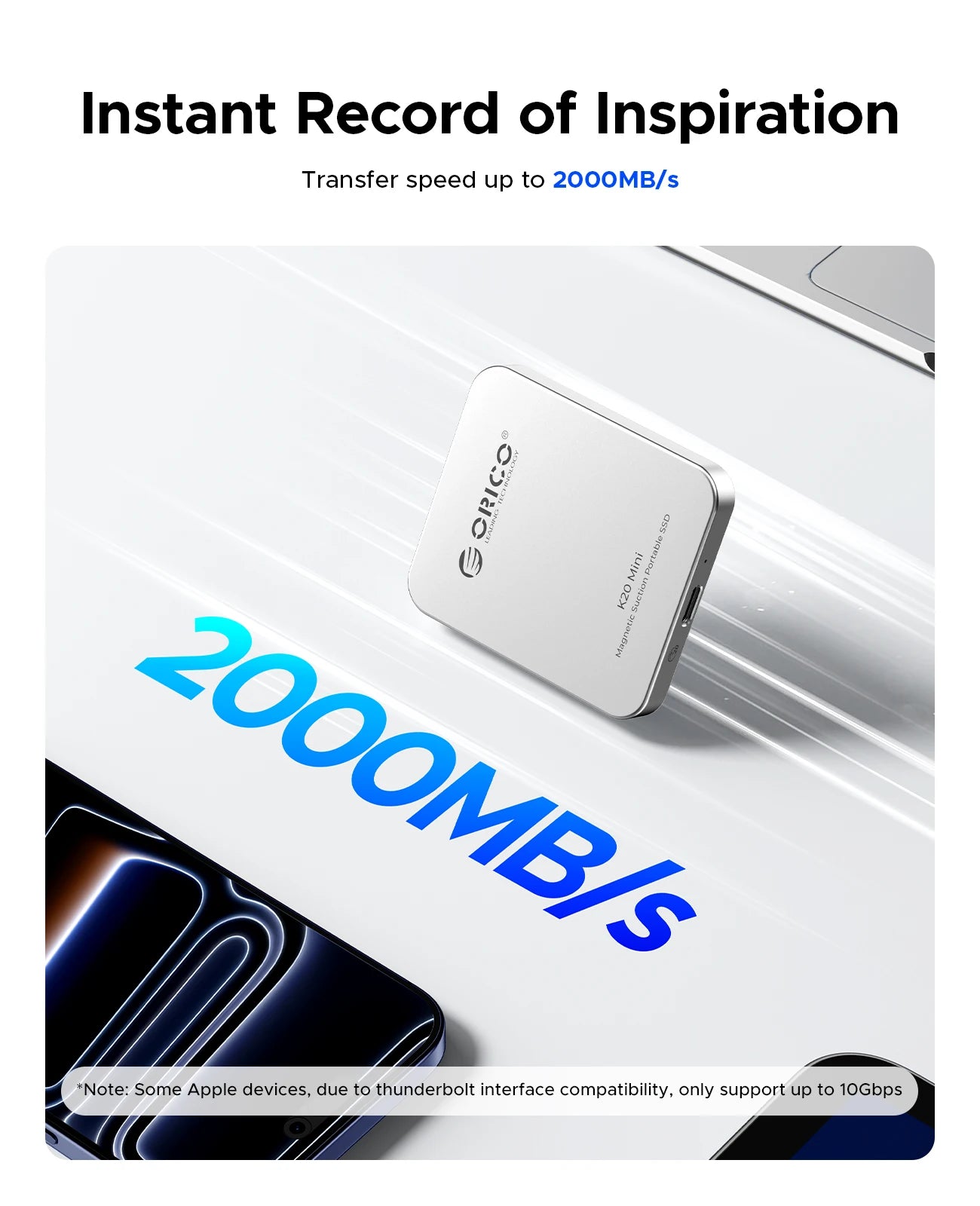 ORICO Magnetische externe SSD für iPhone 17 16 15 14 13 Pro/Max 2000 MB/s 4K 120Kz ProRes HDR Record USB 3.2 Gen 2x2 tragbare SSD