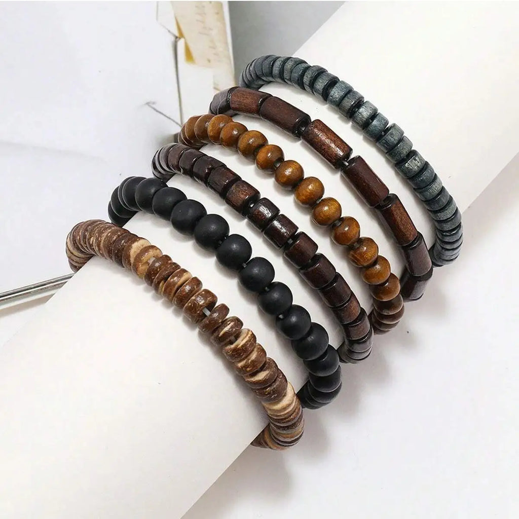 6PCS Wodeen Geflochtenes Wrap Lederarmband für Männer Vintage Leben Holzperlen Mode Männliche Armband
