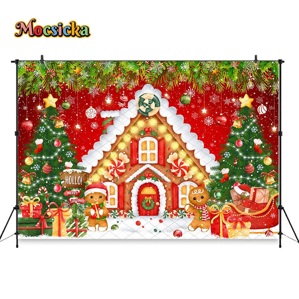 Mocsicka Weihnachten Lebkuchenhaus Fotografie Hintergrund verschneite Weihnachtsbaum Zuckerstangen Hintergrund Winter Urlaub Party Photozone