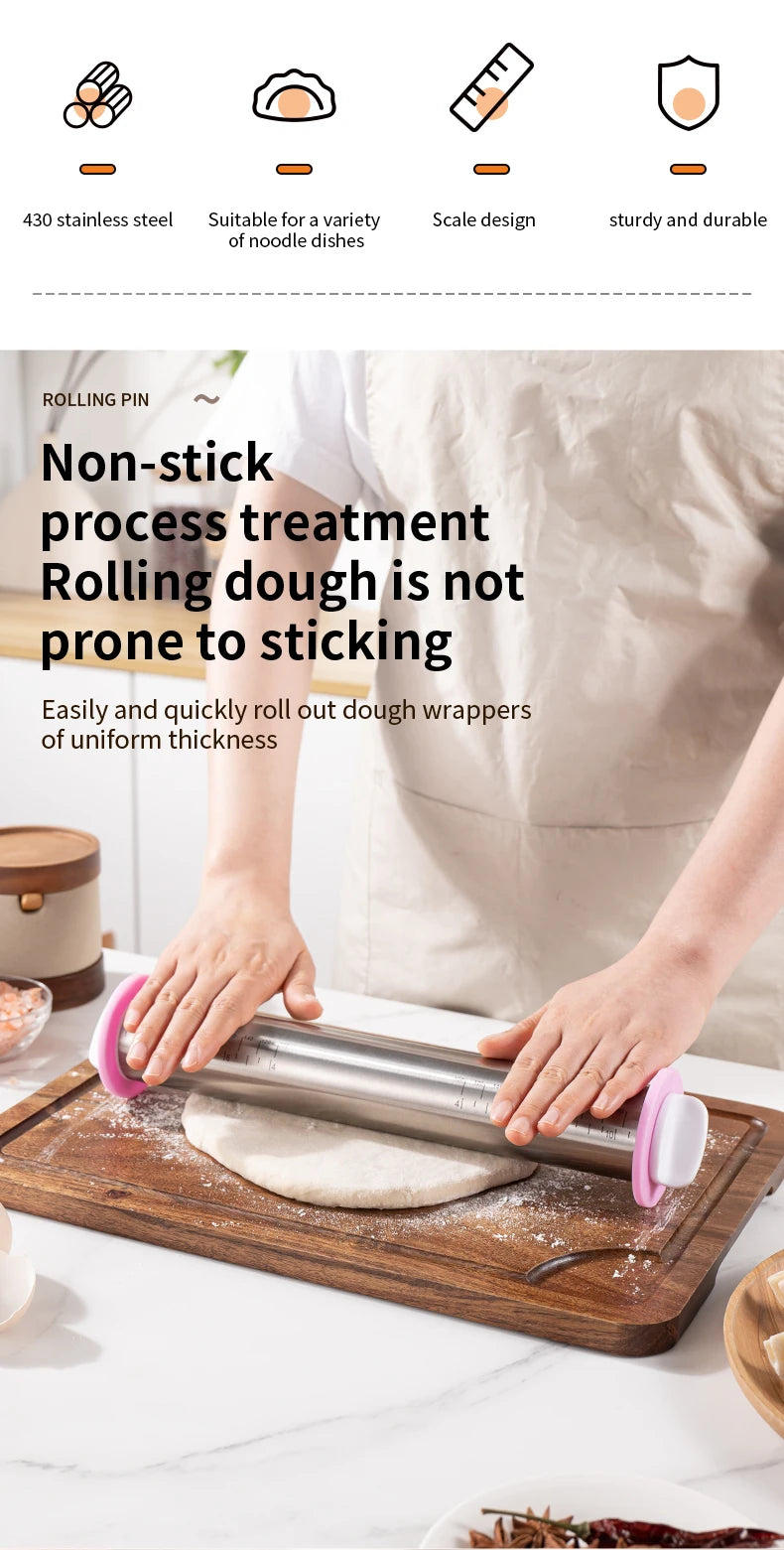 13,78 Zoll verstellbarer Nudelholz aus Edelstahl mit 4 abnehmbaren Ringen, Teigroller für Pizza-Keks-Backwerkzeuge
