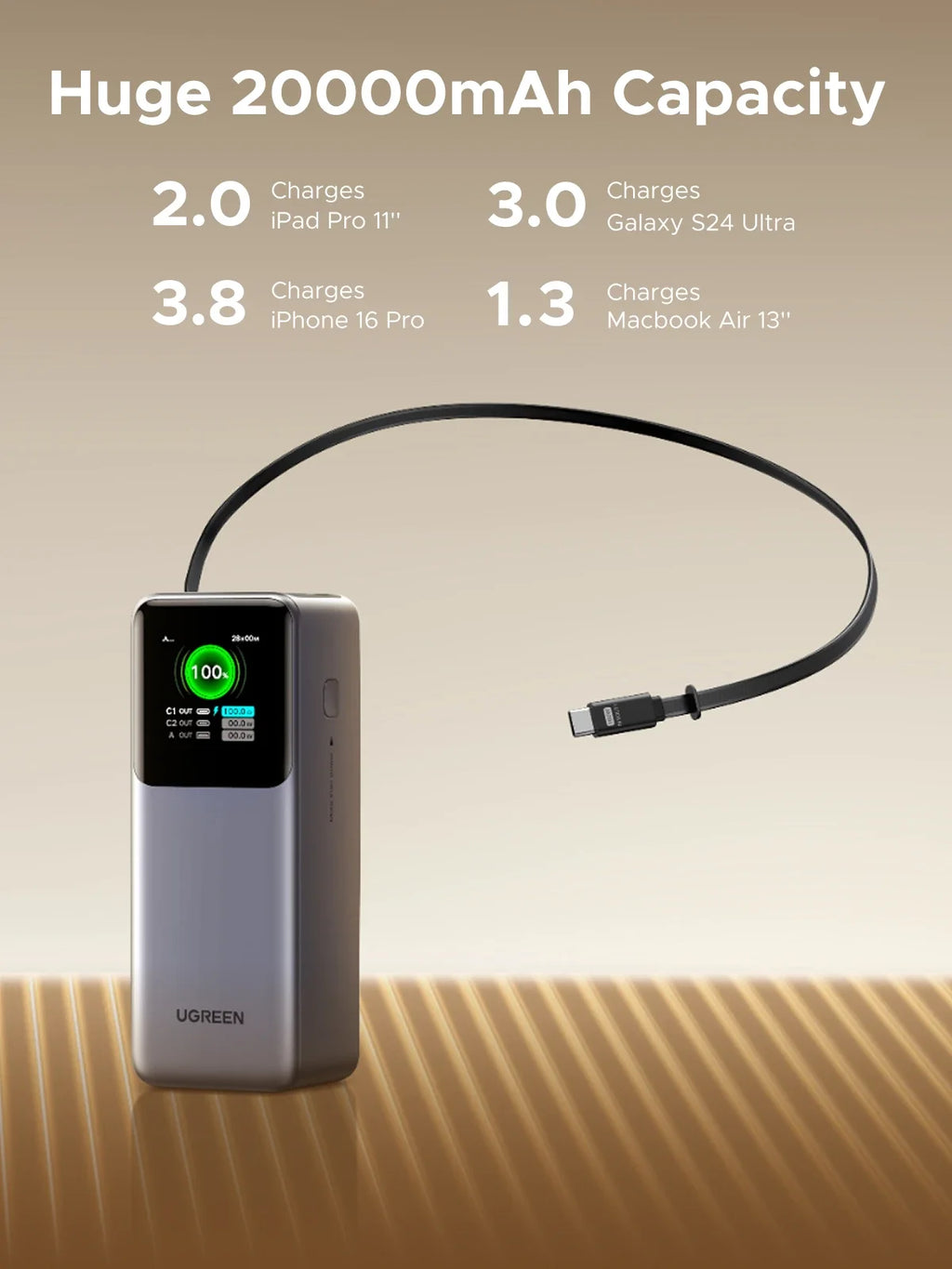 UGREEN Nexode 165W Power Bank 20000mAh Chargeur Portable 100W Max PD3.0 Batterie Externe Câble Intégré pour Ordinateur Portable Téléphone Portable