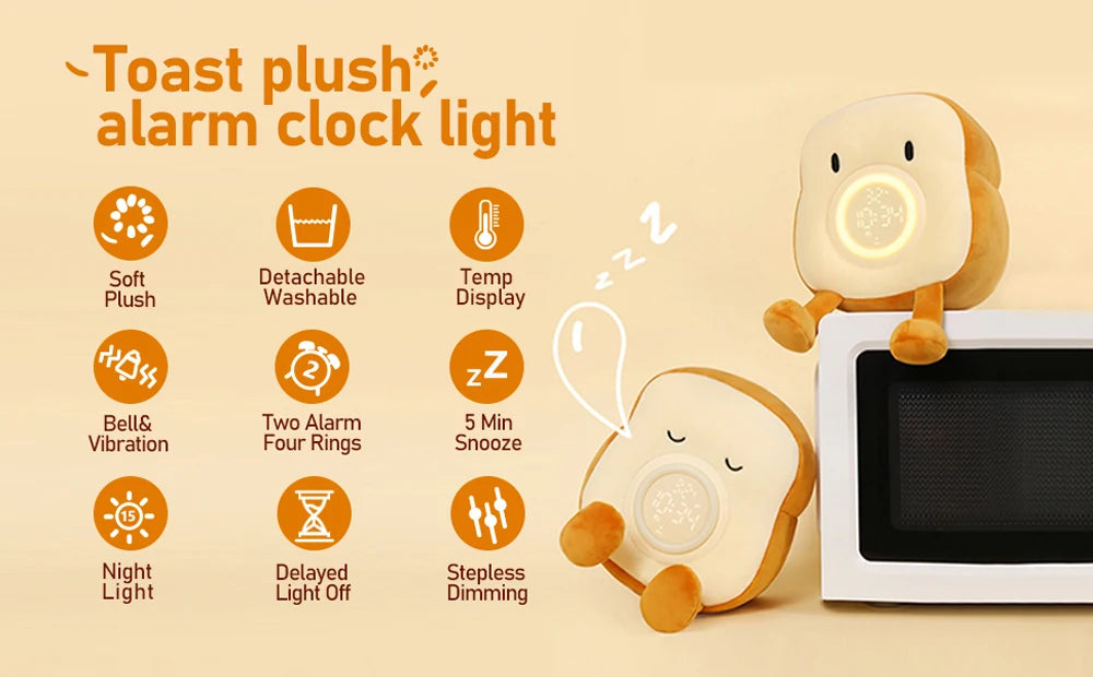 D2 Toast Plüsch Wecker Lampe wiederauf ladbare dimmbare Nachttisch Schlafzimmer Uhr mit Dual Snooze Alarm Kinder niedlichen Dekor Nachtlicht
