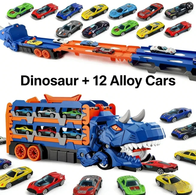 Dreiteiliger Dinosaurier-Spielzeuglaster – Sechs Miniatur-Automodelle aus Metalllegierung