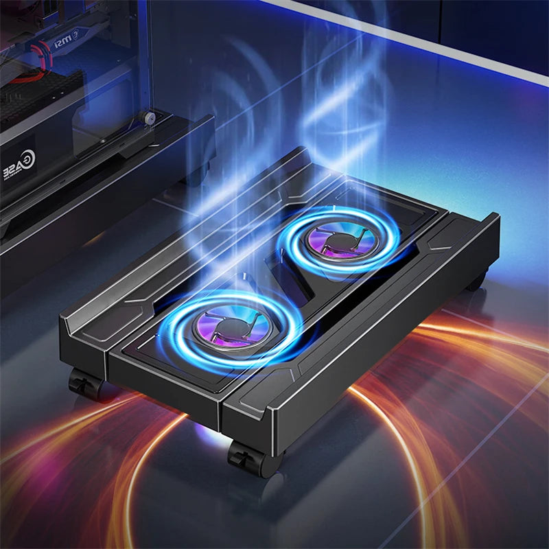 Mobiler PC-Turmständer, verstellbarer Computer-CPU-Halter, Teleskop-Desktop-Ständer, CPU-Wagen mit RGB-Lüfter, Wärmeableitung