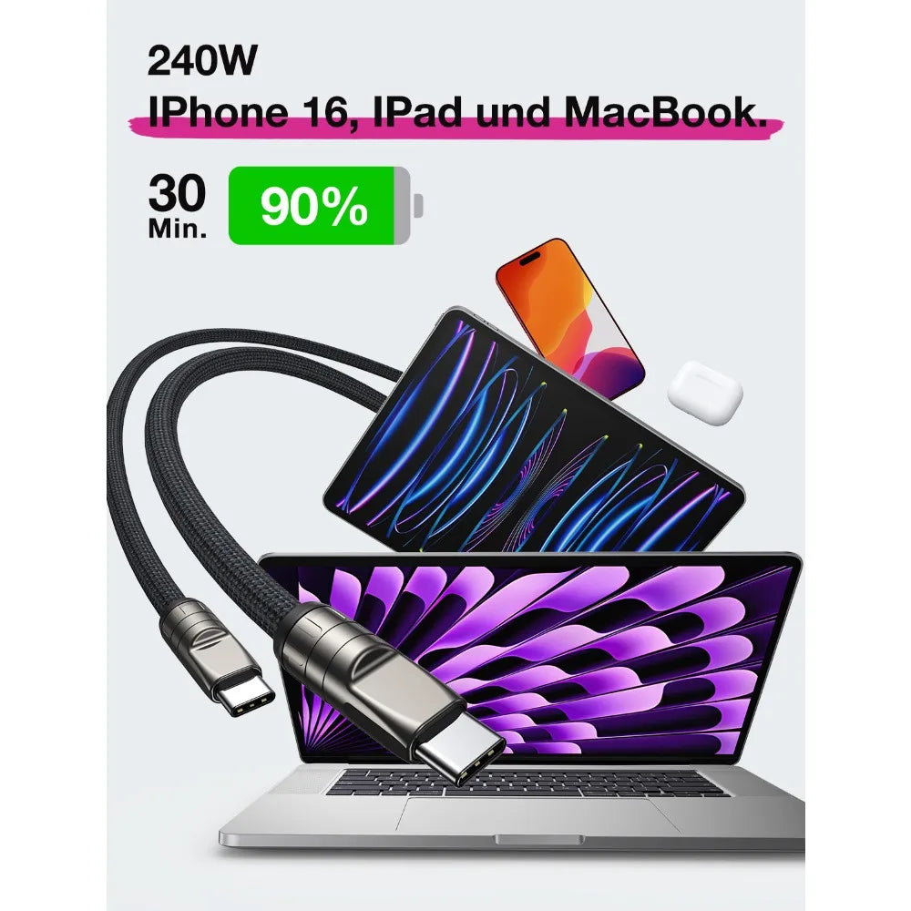 AUFU 2-in-1 USB-C Schnellladekabel mit Umhängeband – 240W, 5A, PD | 4 Farben, 0,3m & 1,2m