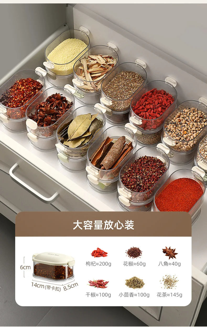 Mehrschichtige Gewürz-Aufbewahrungsbox, tragbar, kleine All-In-One-Zange, Küche, transparente Gewürze, Bohnen, Nüsse, Körner, Vorratsgläser