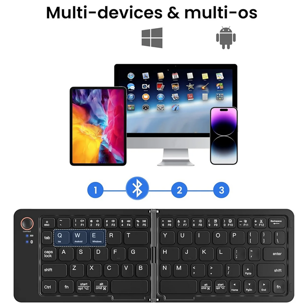 Mini faltbare kabellose Bluetooth-Tastatur (Synchronisierung bis zu 3 Geräte), tragbare Klapptastatur für Android Windows, Schwarz