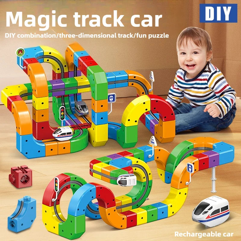 Kinder Magic Track Zug Elektrische Zusammengebaute Bausteine Magnetische Schiene Auto Labyrinth Pädagogisches Spielzeug für Kinder Weihnachten Geschenke