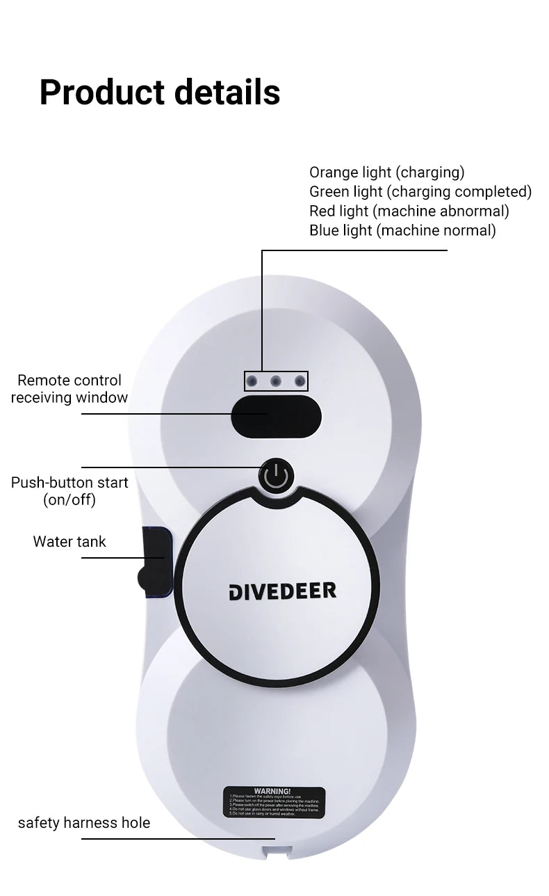 DIVEDEER Weißer/schwarzer Fensterputzroboter, elektrischer Fensterputz mit hoher Saugkraft, doppelseitiger Glasstaubsauger, Wasserspray