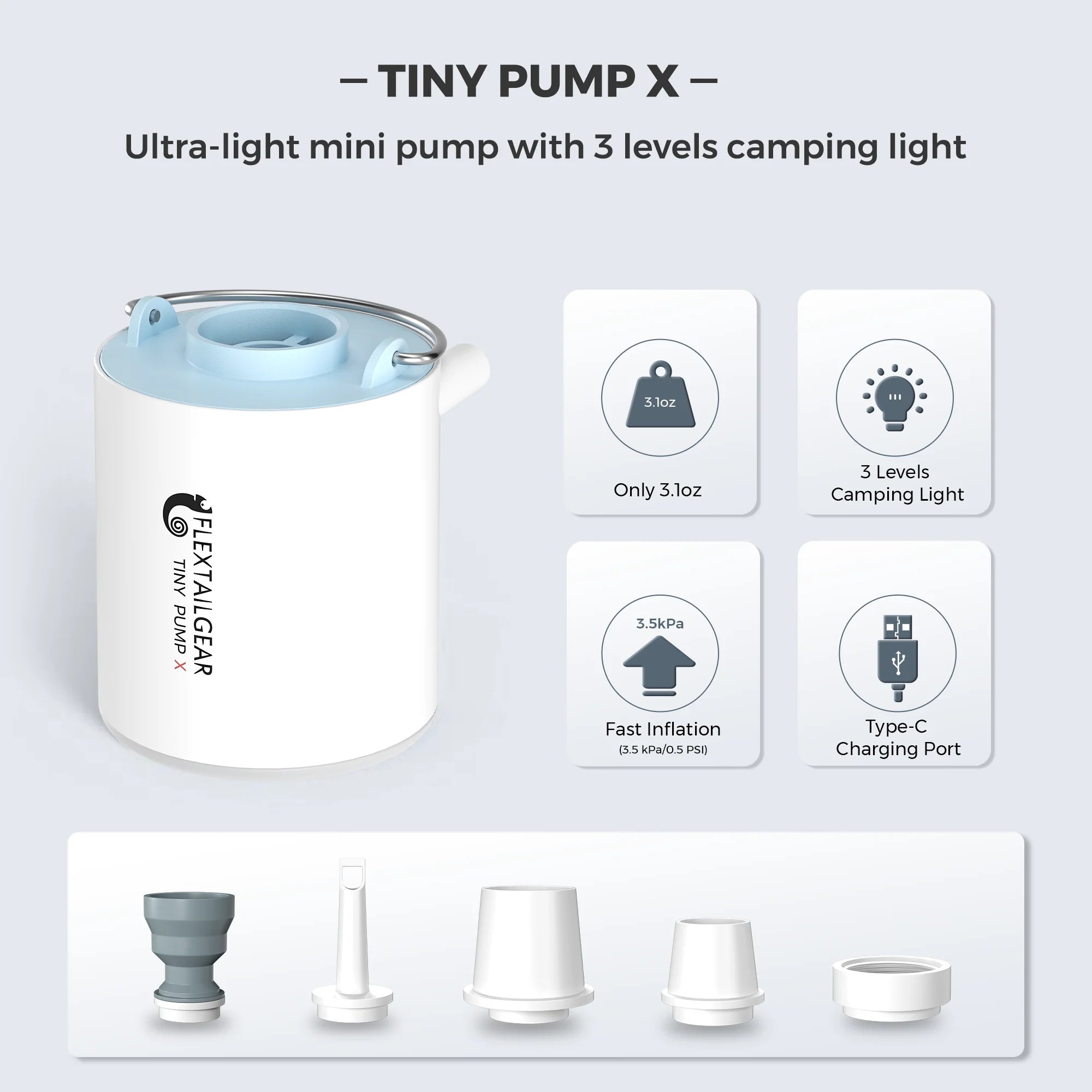 FLEXTAIL Tragbare Luftpumpe, Mini-Campingpumpe mit Licht, USB-C-Aufladung, ideal für Isomatten, Luftmatratzen, Vakuumbeutel