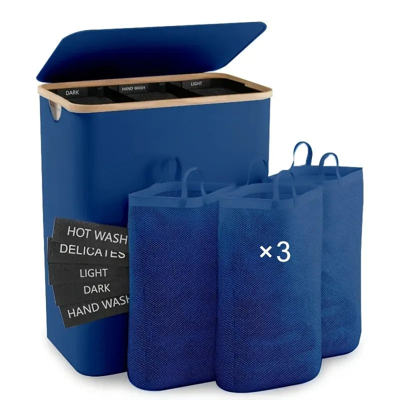 160 l extra großer Wäschekorb mit Deckel, 3 Gitter, Innentaschen, Wäschekorb, Griffe, Klassifizierungsetiketten, faltbarer Wäschekorb